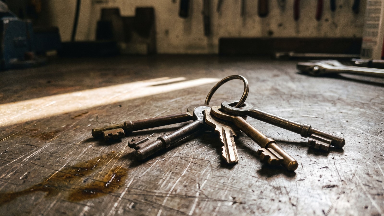 A set of keys on a ring laid on a steel surface, each one a different size