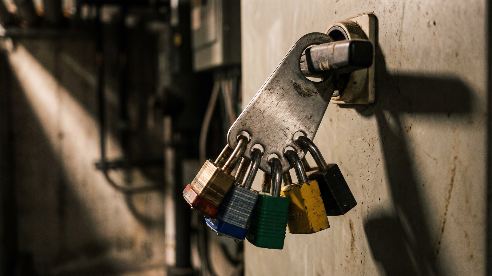 An industrial lockout hasp on a machine isolator switch with five different padlocks hanging from it, one for each person who must sign off before the machine can start