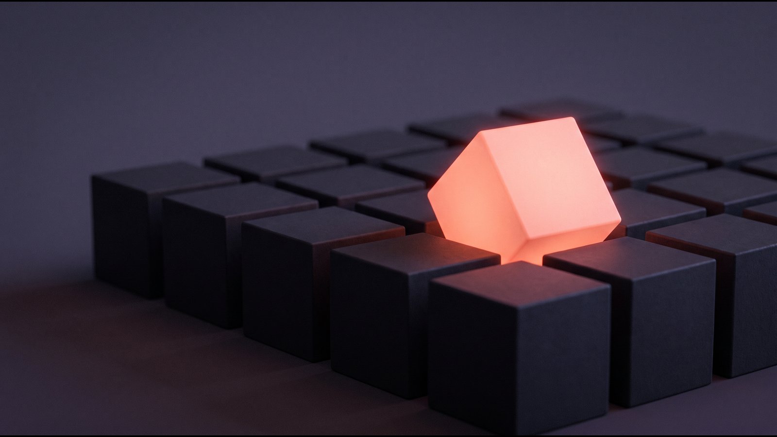 Pale geometric blocks in a loose grid, one lifted above the others