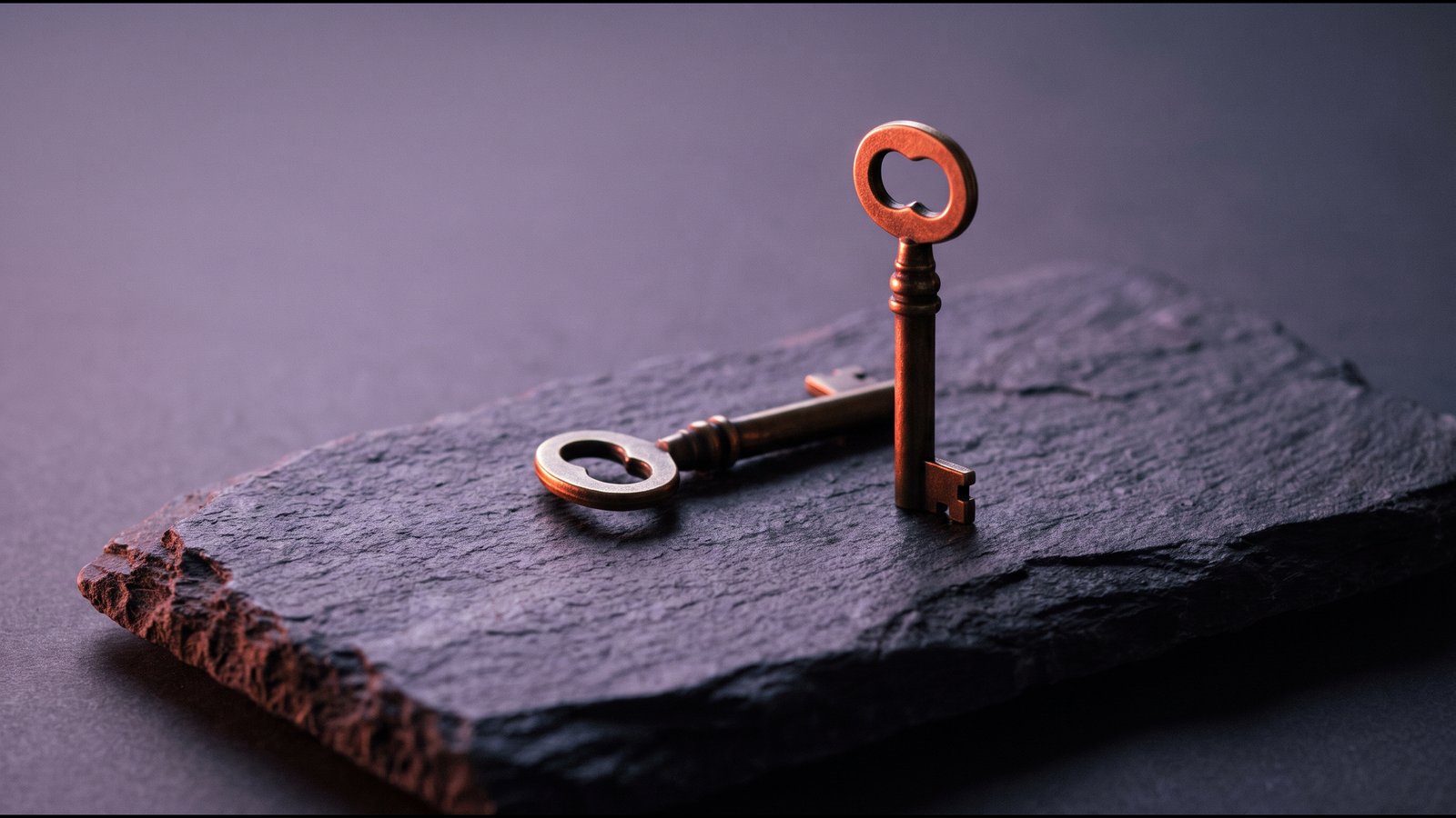 Two brass keys on dark stone, one standing upright in warm light, the other flat in shadow