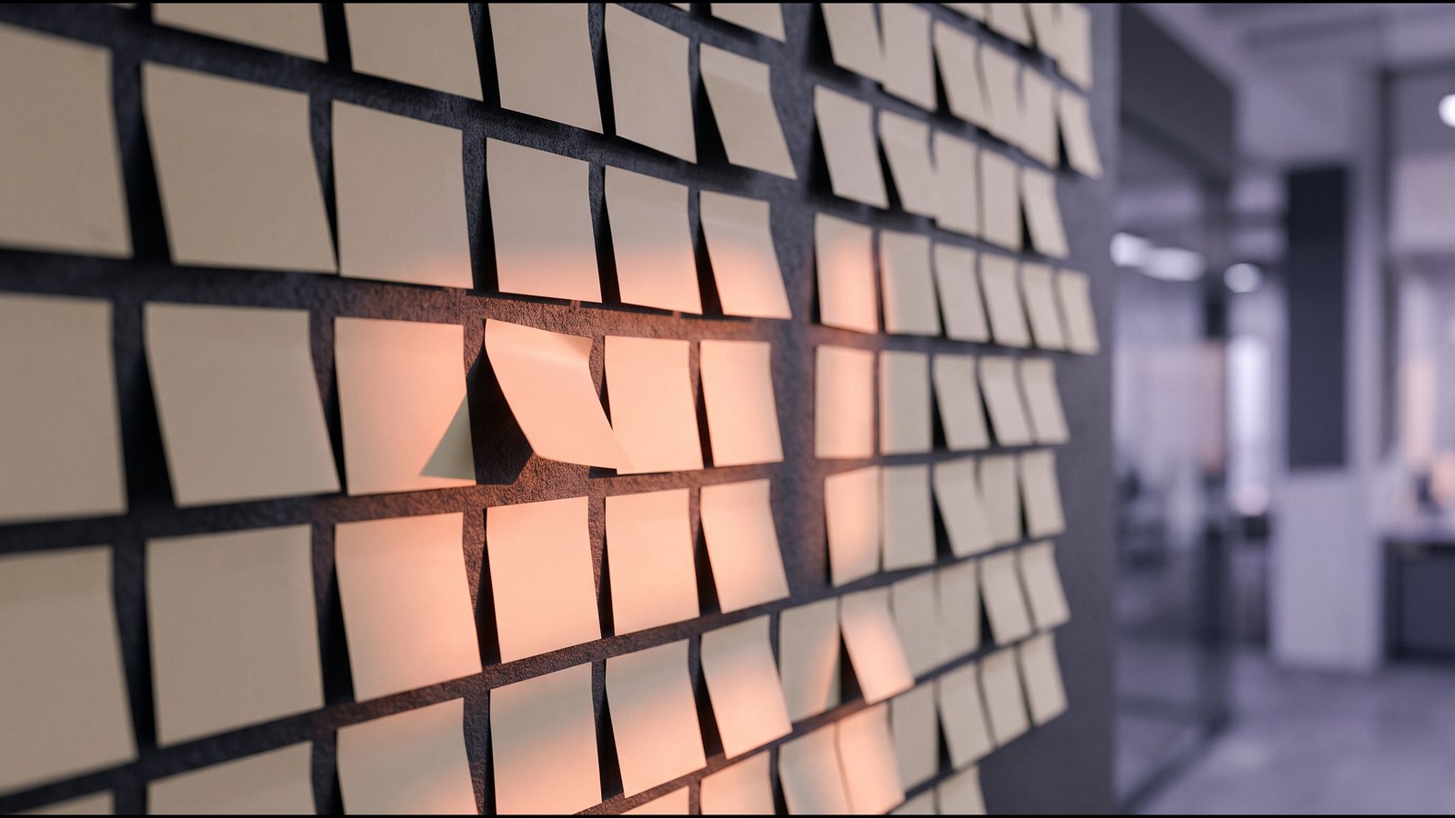 Overlapping pale sheets pinned in rows on a white wall, one askew