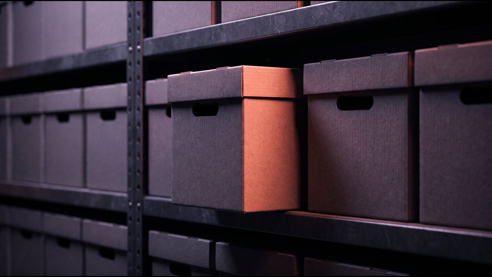 A row of labelled archive boxes, one pulled forward into warm light