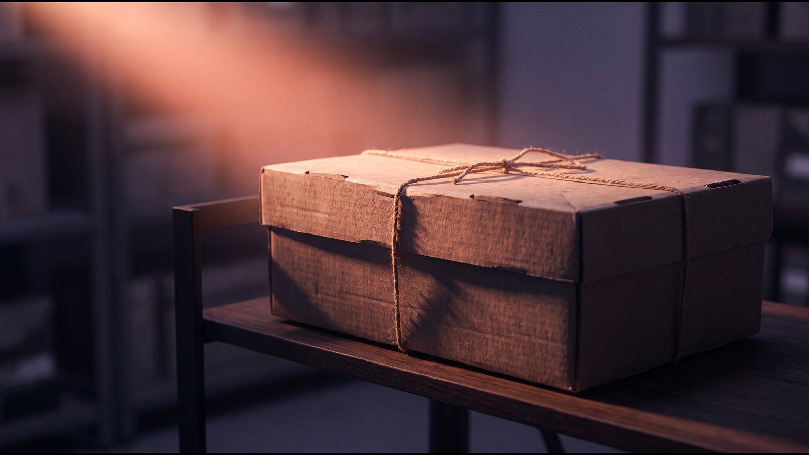 A closed cardboard box on a pale desk in soft daylight