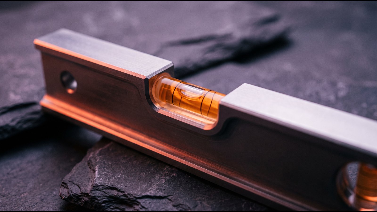 A spirit level on dark stone, the bubble catching warm light