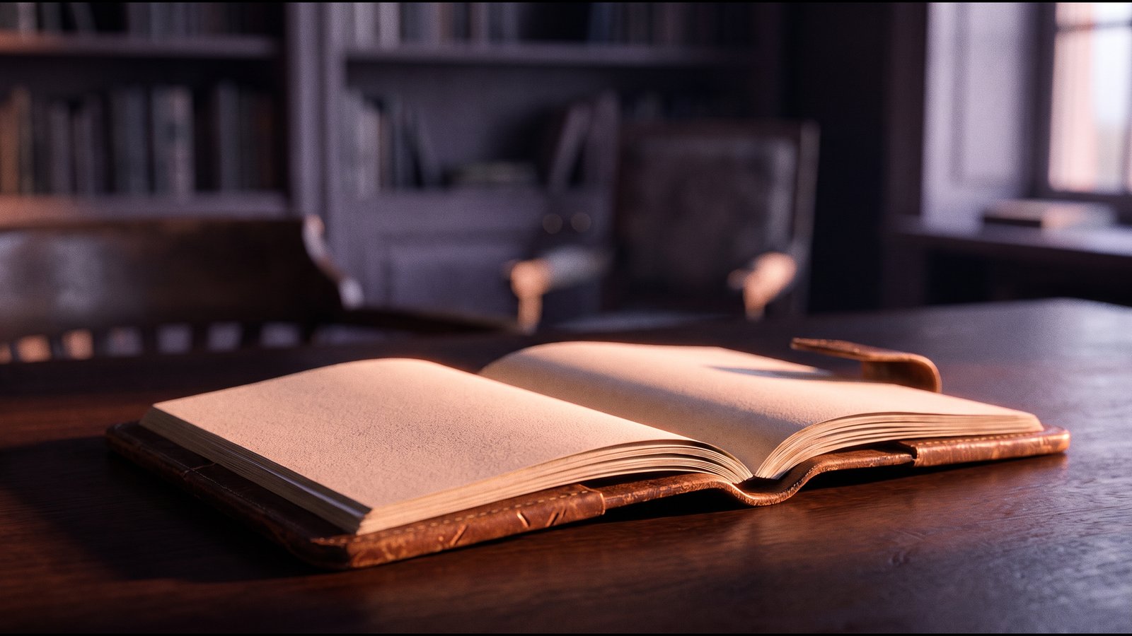 A worn leather notebook open on a dark table, pages catching warm light