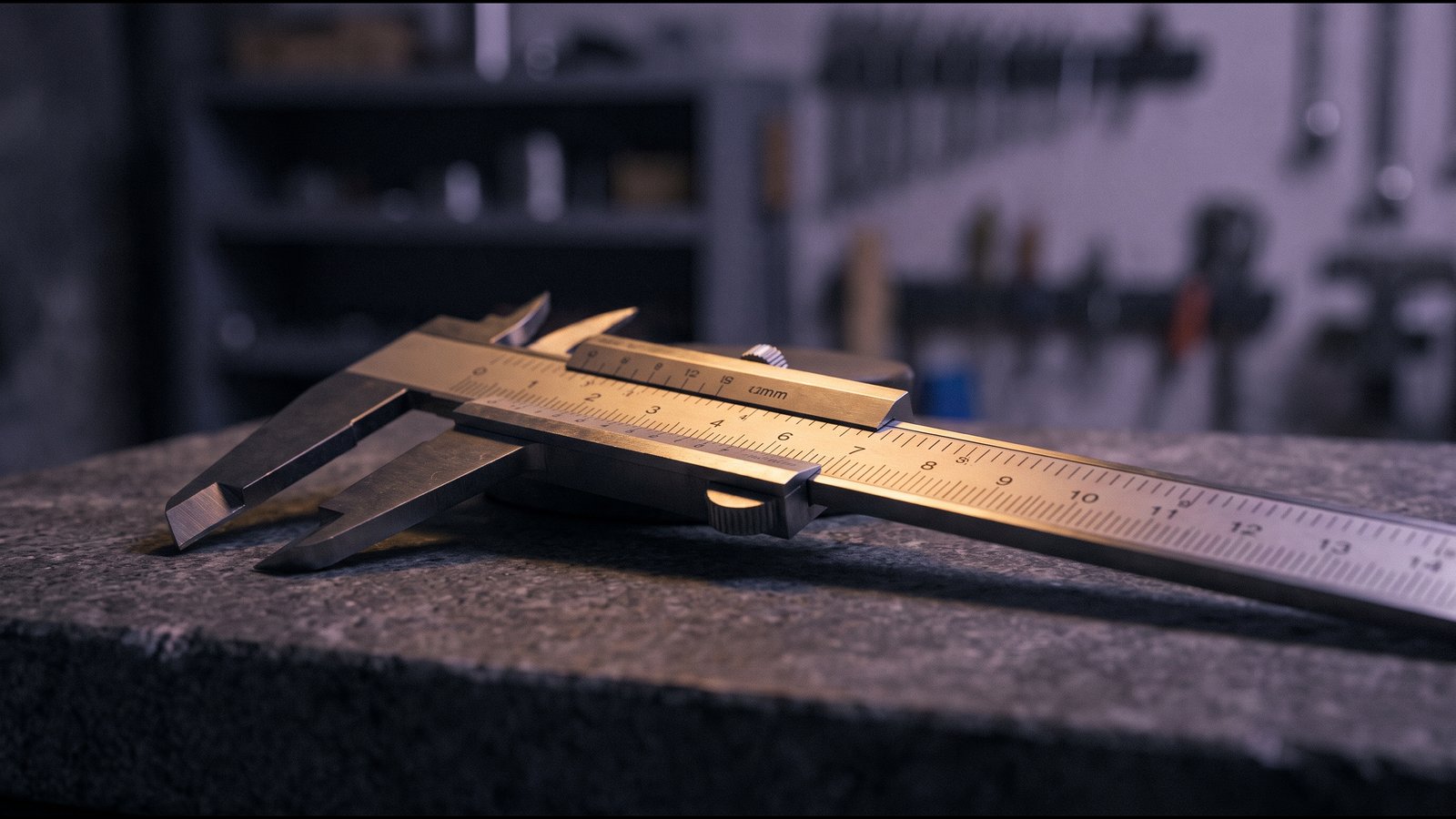 Measuring calipers resting on dark stone, warm light along the scale