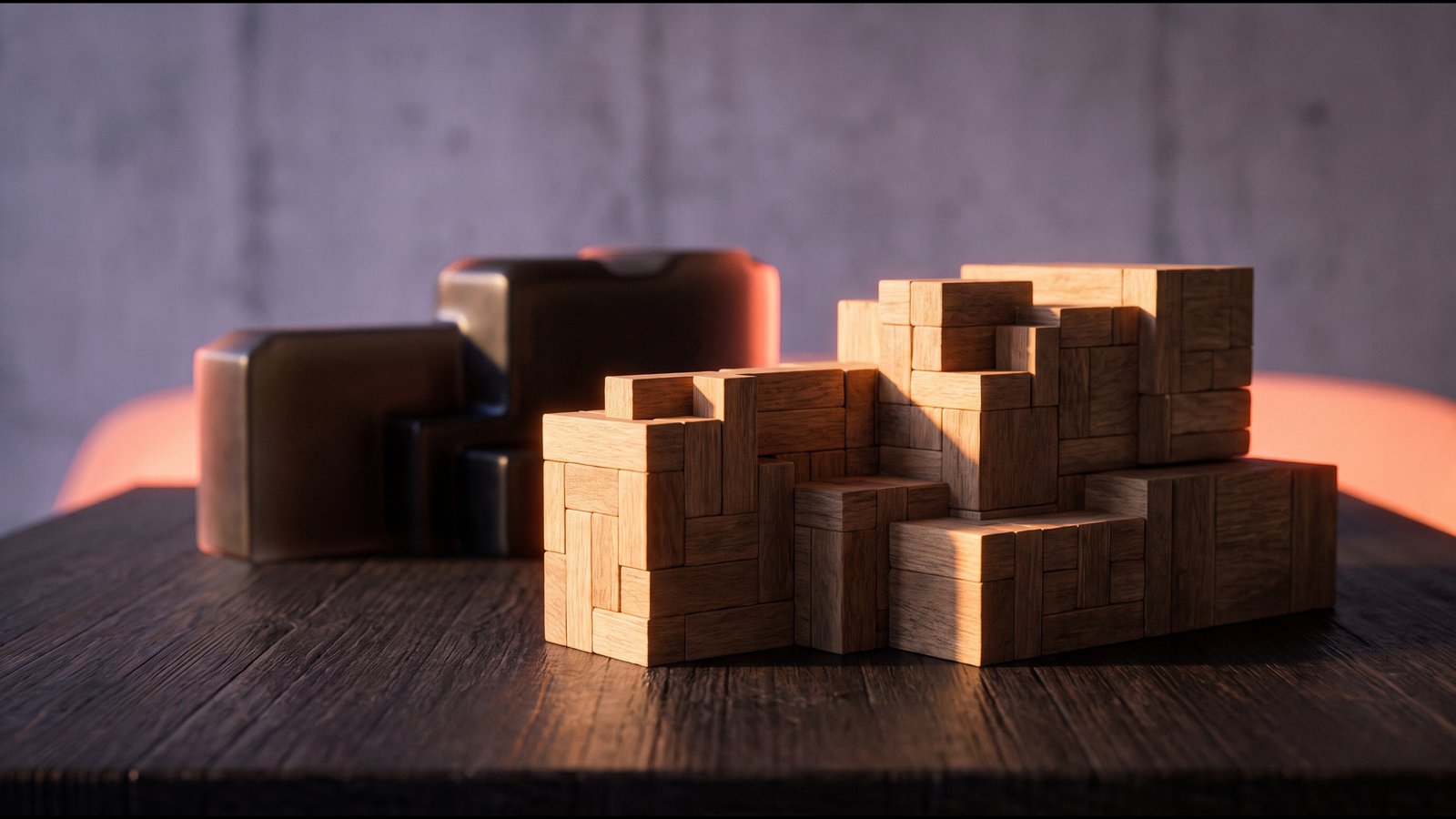 Two pale architectural models side by side, one of blocks and one solid