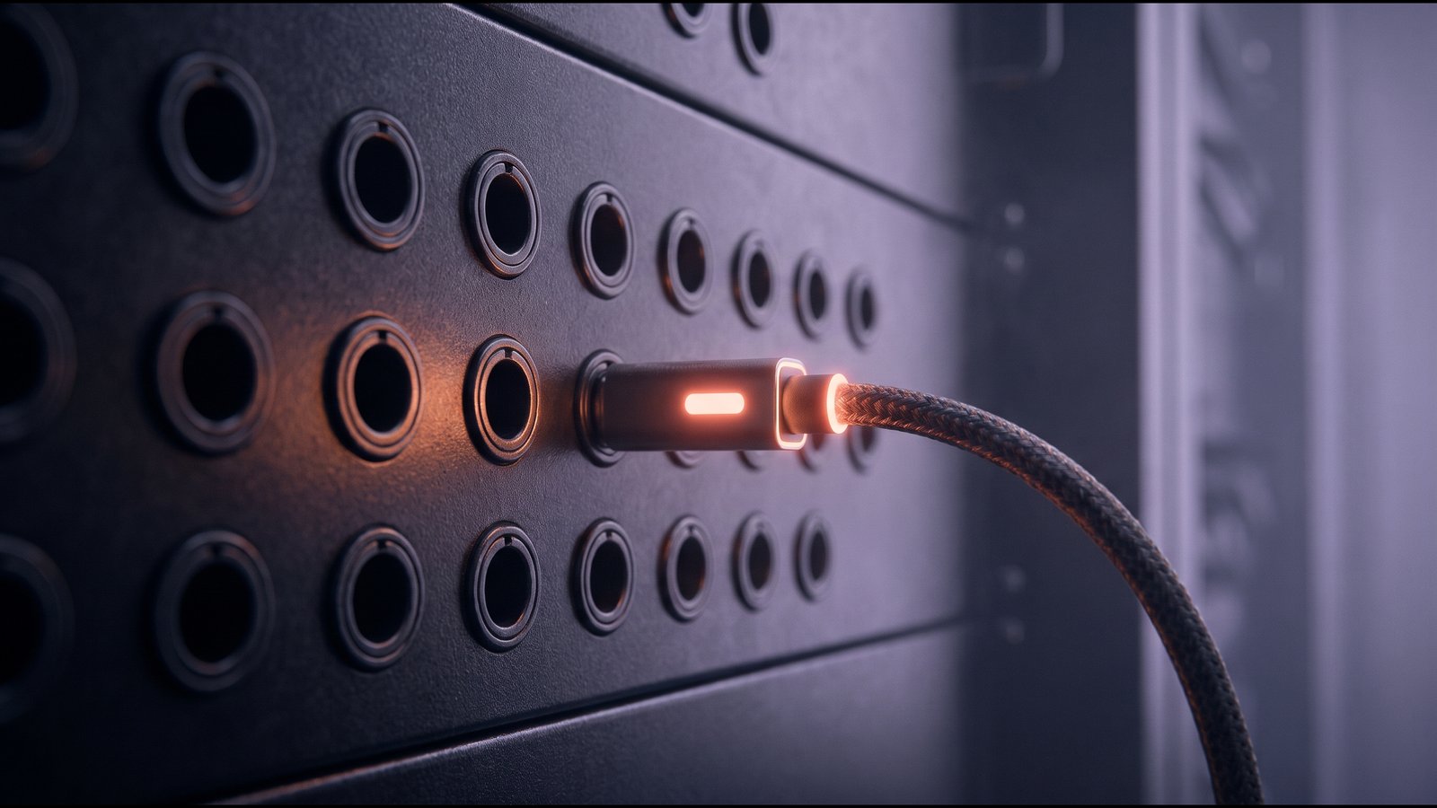 A patch panel of dark ports with one cable seated and lit