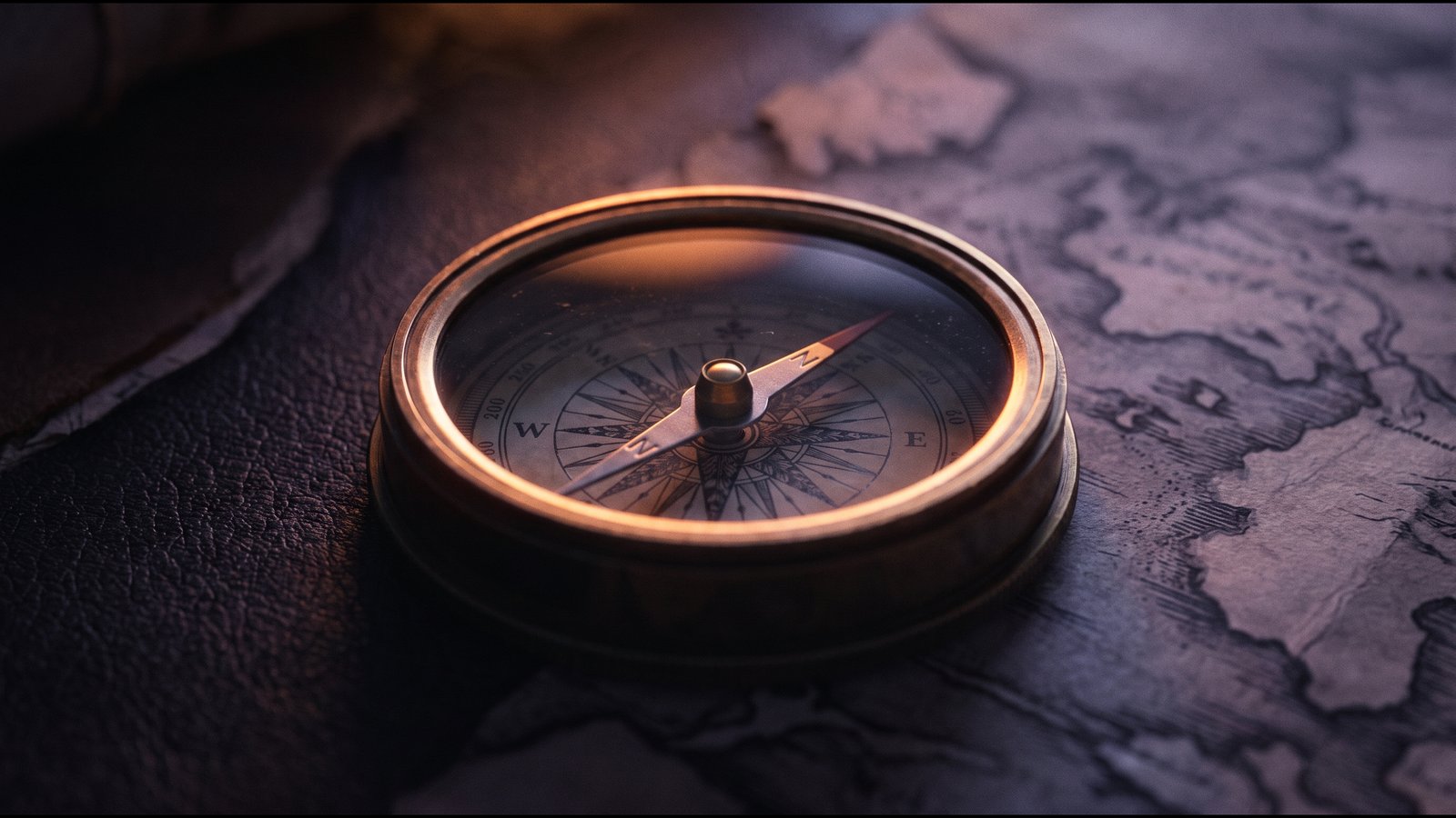 A compass on a dark map surface, the needle catching warm light