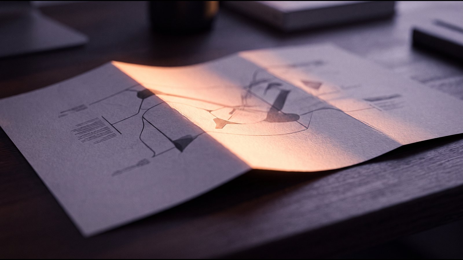 A folded pale paper on a white surface, one crease catching warm light
