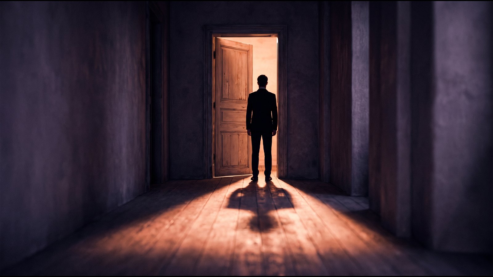 An open doorway in a white wall with warm light spilling onto a pale floor