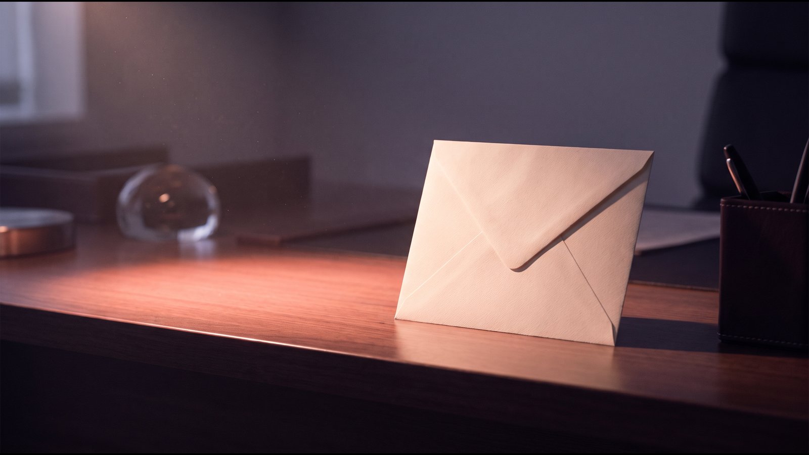A single envelope standing on a desk in a pool of warm light, waiting for the person it was addressed to