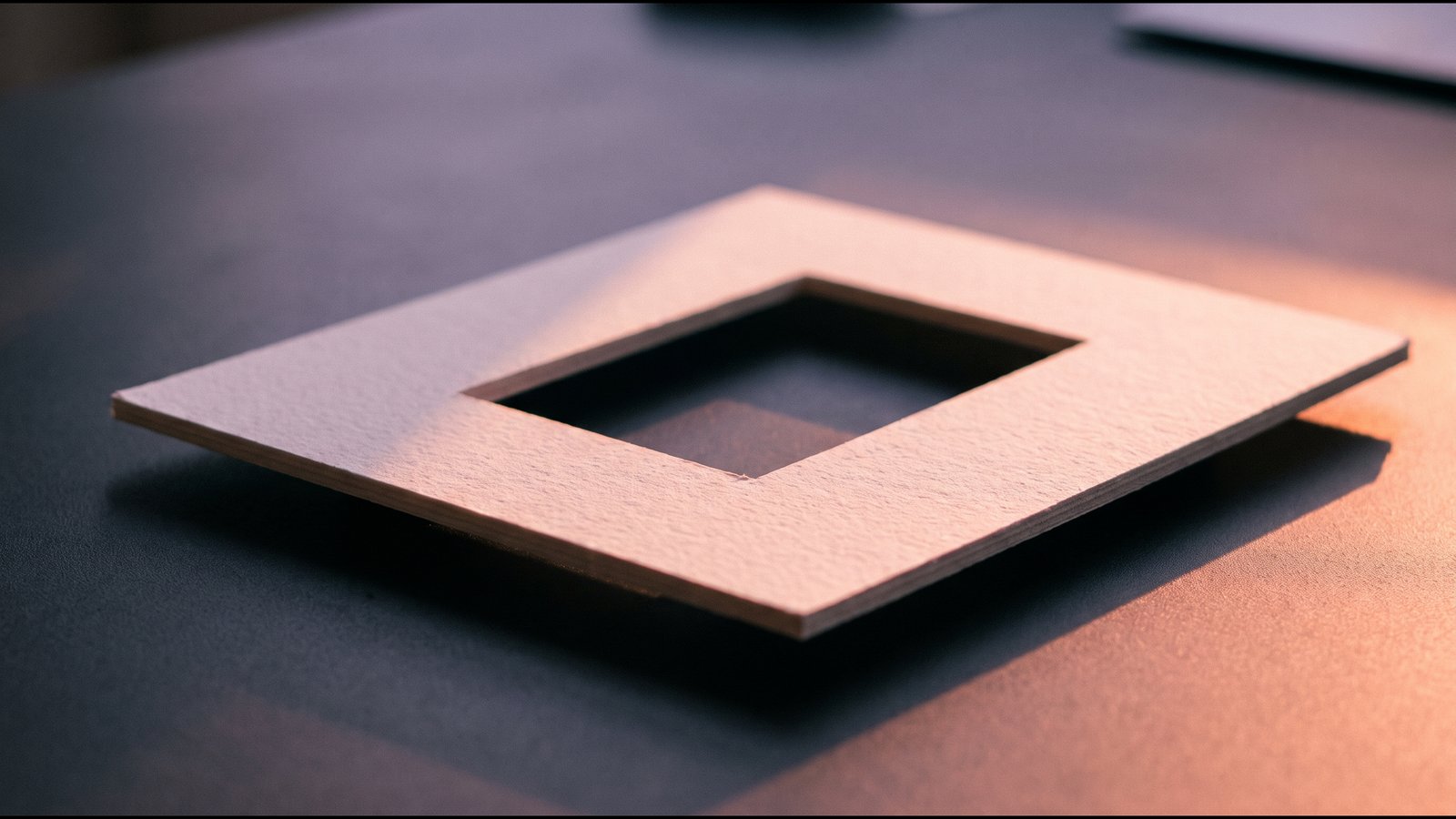A sheet of heavy card on a desk with a clean rectangular hole cut out of its centre, the opening lit so it reads as deliberate