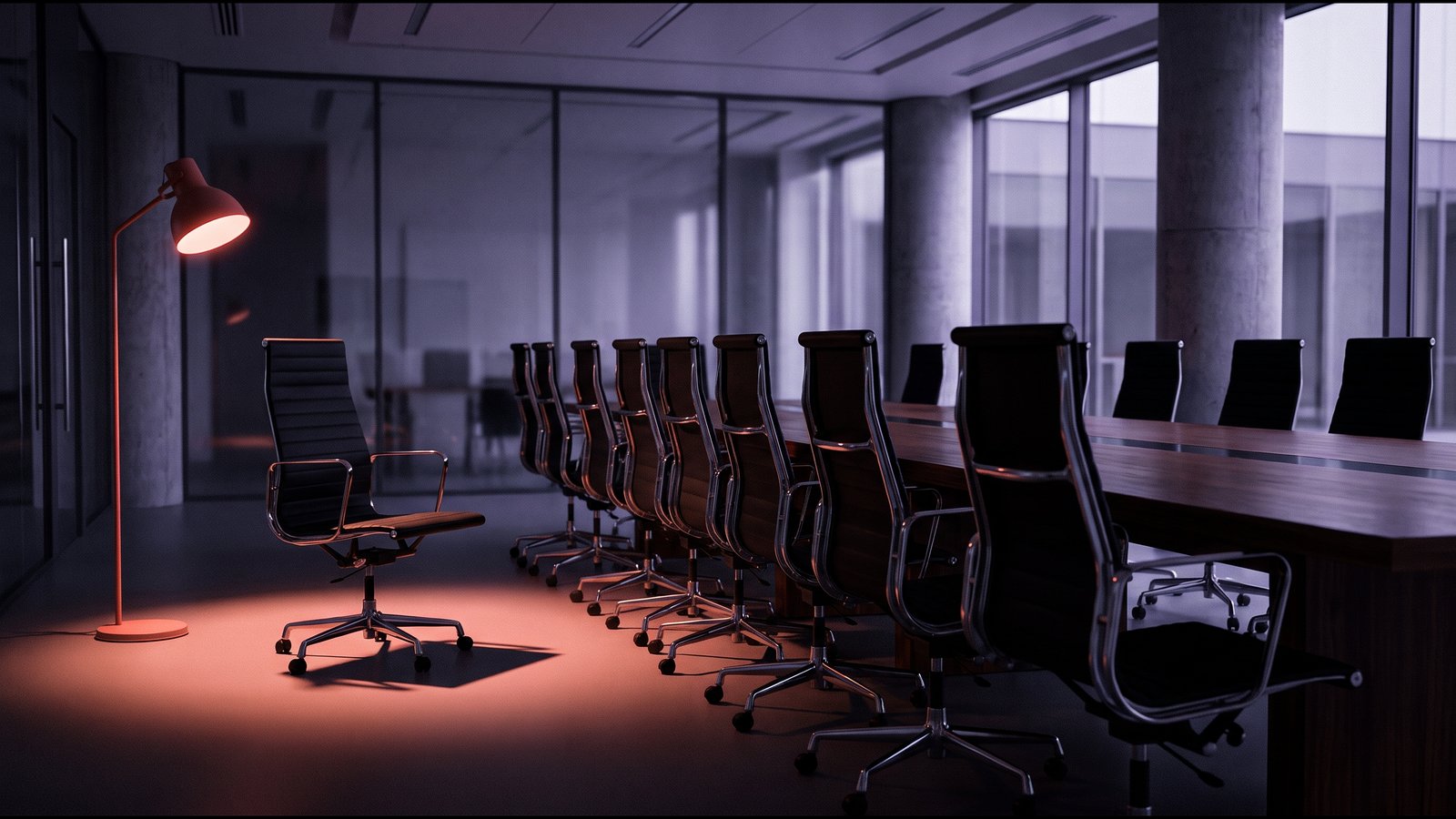 A row of identical meeting chairs at a dark table, one pulled out of line under a lamp
