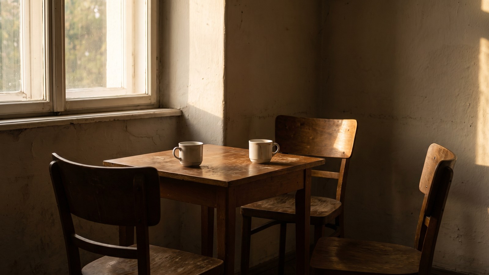 Two coffee cups on a table between two chairs, one chair pushed back