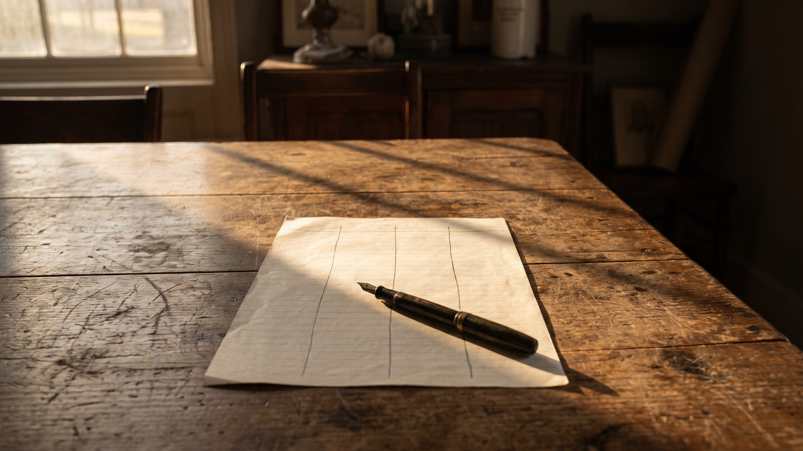 A single sheet of ruled paper on a wooden desk with four hand-drawn columns and a pen resting across it