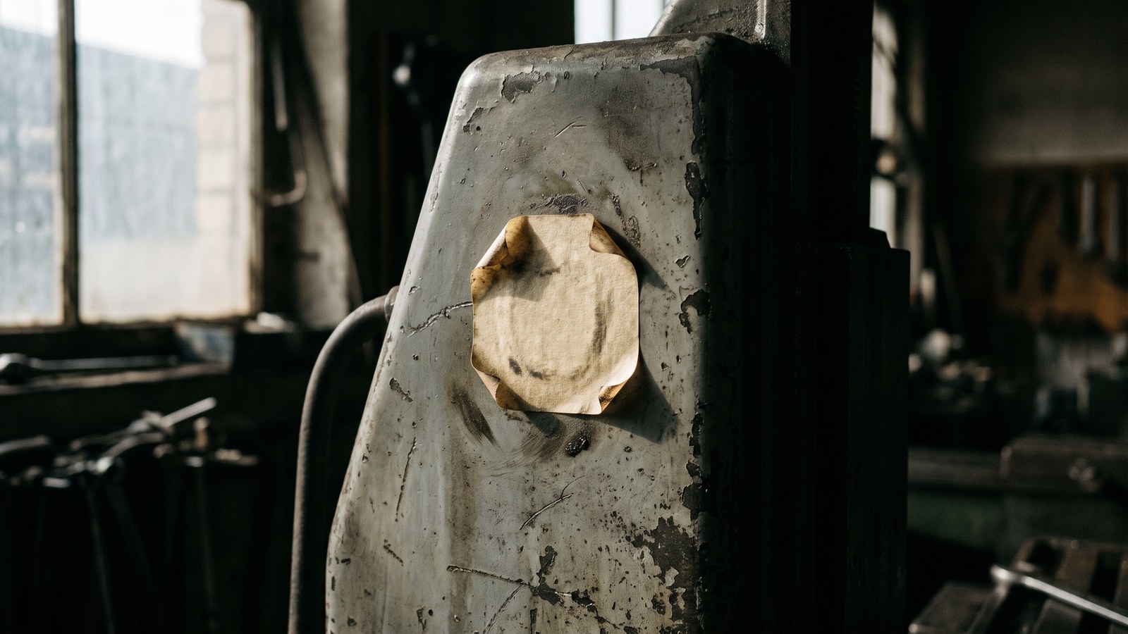 A worn handwritten note taped to the side of a machine in a workshop