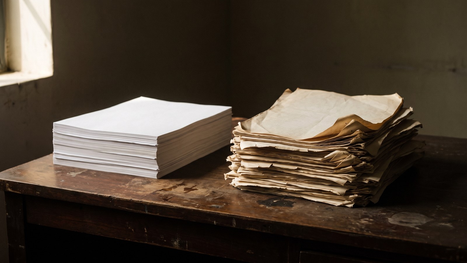 Two stacks of paper on a desk, one neatly squared and filed, the other loose and annotated by hand