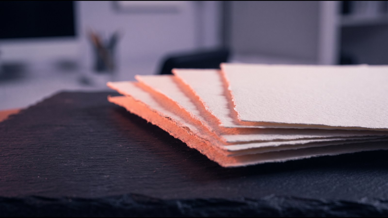 Offset layers of pale translucent paper stacked on a white surface