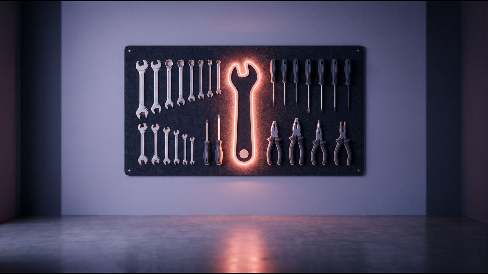 A workshop shadow board of outlined tools, one outline lit warm
